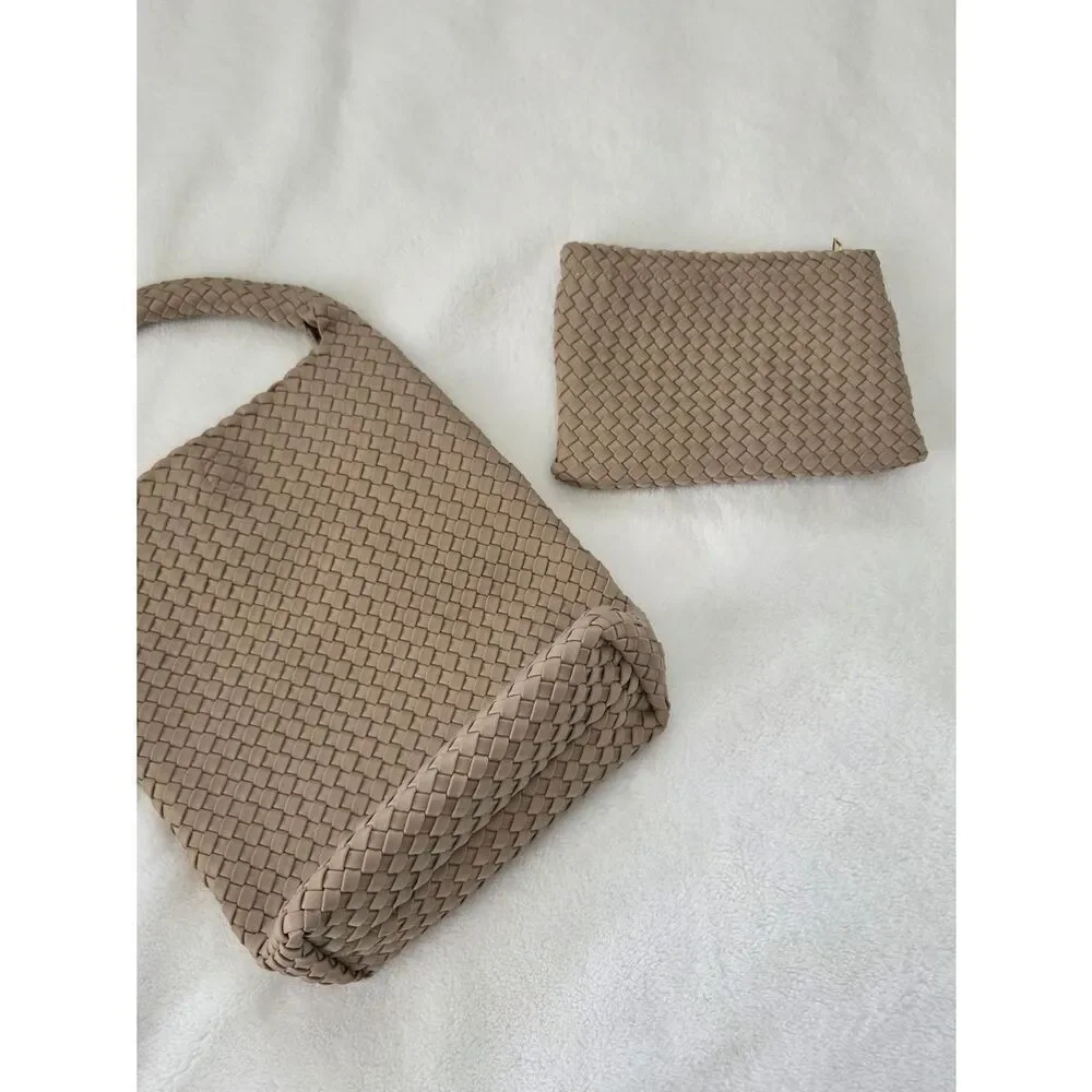 Woven Taupe Hobo Bag with Matching Pouch